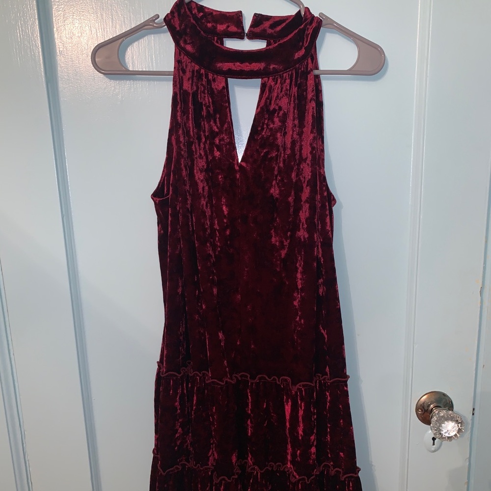 Burgundy Crushed velvet halter dress
